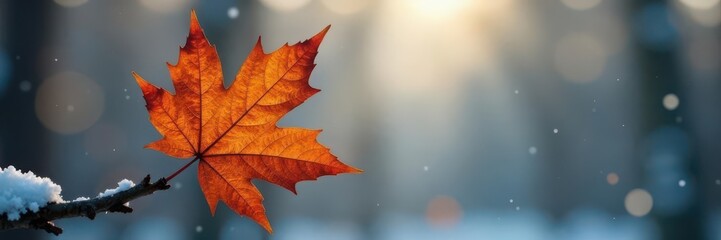 Fototapeta premium Last golden leaf on stark winter branch, soft focus backdrop , stock, loneliness, autumn