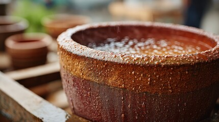 A freshly sculpted clay pot glistens with moisture, showing air bubbles as it dries in a warm, inviting traditional pottery studio