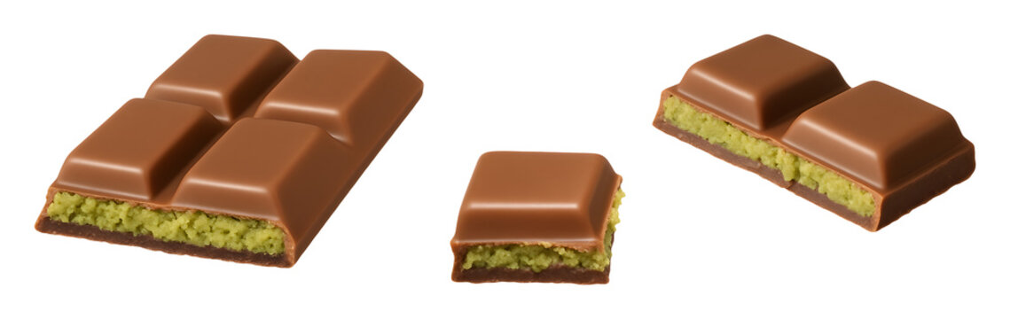 Dubai Style Schokolade isoliert auf transparentem Hintergrund, Pistazie, F&uuml;llung, St&uuml;cke, Schoko, Schokoladenriegel, Praline, Pistaziencreme, Kadaifi
