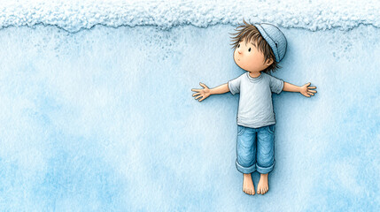 Fototapeta premium Lone child levitating gently inside gravity free environment, surrounded by soft clouds and serene blue sky, evokes sense of wonder and tranquility