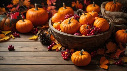 Celebrate the season with a festive autumn flat lay featuring pumpkins, berries, and plenty of copy space, perfect for Thanksgiving and Halloween gatherings.