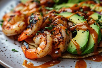 Grilled shrimp atop avocado and tortilla