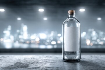 A clear glass bottle with a blank white label against a blurred city skyline backdrop, providing ample space for product placement or branding design mockups.