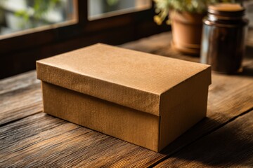 A brown cardboard box sits on a wooden table near a window with plants, creating a rustic, inviting scene with soft natural lighting highlighting the textures.