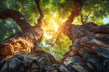 Fototapeta premium Olive Trees Basking in Sunlight From a Low Angle View in a Tranquil Grove