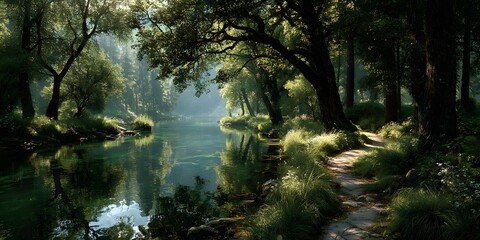 Obraz premium Sunlit path winds along a calm lake, surrounded by lush green forest with sunlight filtering through leaves, creating reflections on the water. 