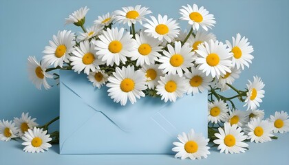 Obraz premium Daisies bursting from a blue envelope create a cheerful, springtime floral display.