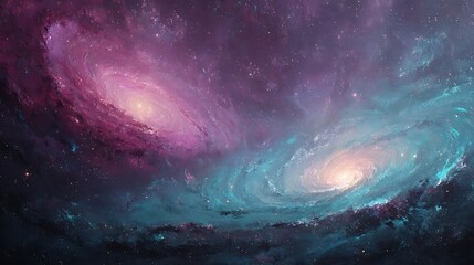 Fototapeta premium Radiant twin galaxies swirl in deep cosmic space