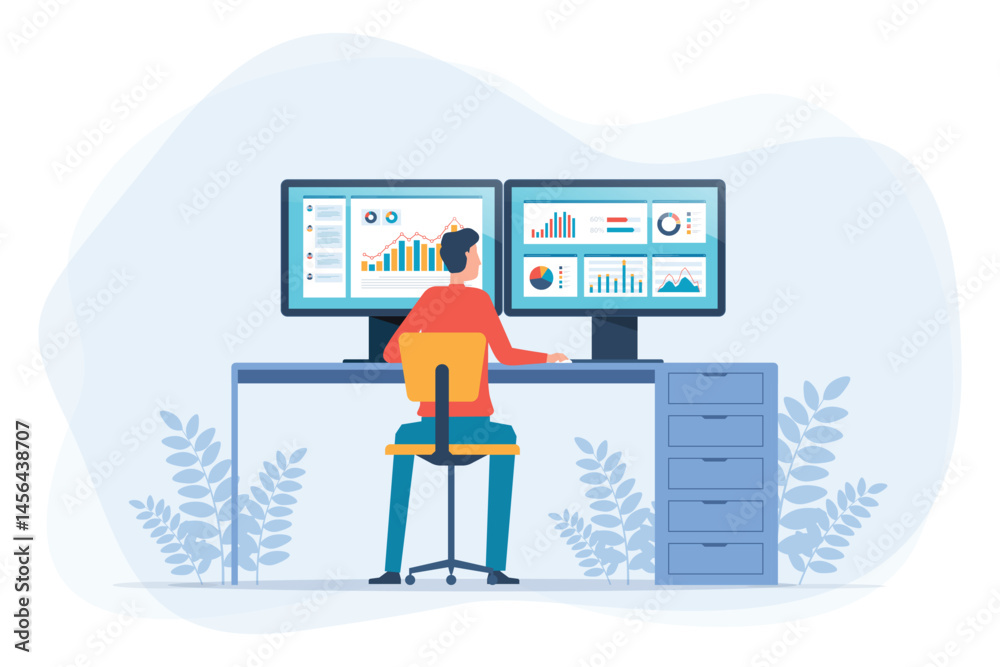 Aufkleber businessman sitting at a desk and analyzing data on two large computer monitors. with colorful charts and graphs. and design concepts for business data analyst and business finance investment.
