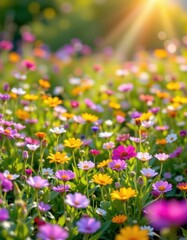 Obraz premium colorful flower meadow with sunbeams and bokeh lights in summer nature background banner with copy space summer greeting card