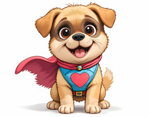 Fototapeta premium An amusing animated full-body shot of a fluffy superhero puppy with a happy look, flowing pink cape, and blue suit.