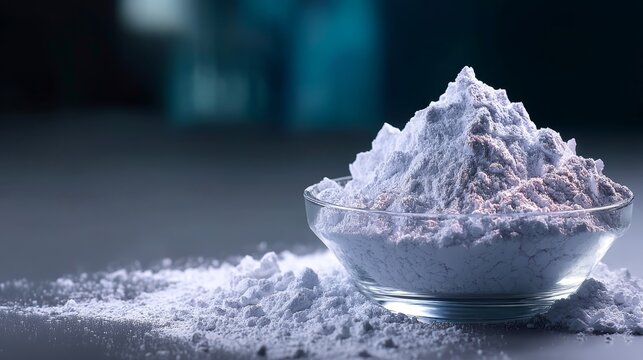 Finely ground white magnesium hydroxide powder rests in a clear glass dish, showcasing its smooth texture and pristine appearance in bright studio lighting