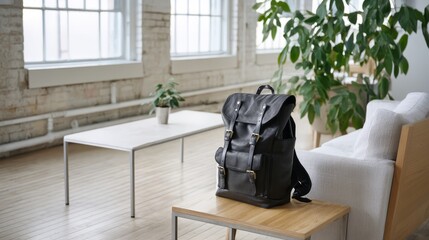 A stylish black leather backpack rests on a light wooden table alongside a minimalist white couch and large indoor plants in a contemporary space