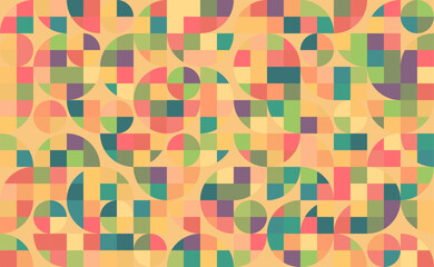 Retro geometric pattern with circles and squares. A bauhaus pattern with a delightful mix of circles and squares. The playful composition and vintage aesthetic make it perfect for backgrounds.