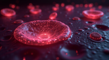 Fototapeta premium Microphotography close-up of blood platelet activation, clotting process visualized with glowing elements in a dark fluid background