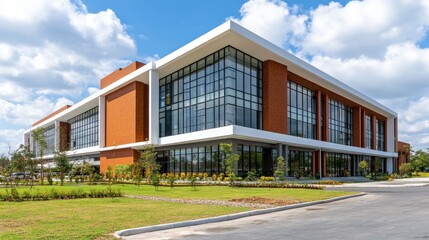 Modern brick architecture design with glass facade and expansive