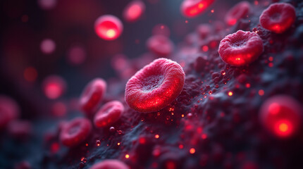 Microphotography close-up of blood platelet activation, clotting process visualized with glowing elements in a dark fluid background