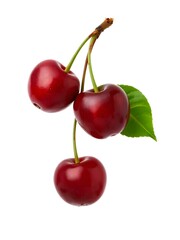 Three Cherries on Branch: Three ripe, red cherries hang from a branch, their glistening surfaces reflecting light, accompanied by a vibrant green leaf.