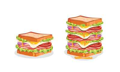 Set of Sandwich Food Cartoon Vector Icon, big sandwich layer, breakfast illustration, Baguette sandwich, burger,  Food Object Icon Concept Isolated on white background.