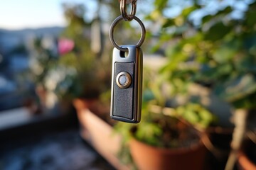 A close-up studio shot of a modern metal keychain with a detailed surface, hanging in front of a blurred outdoor background with plants and buildings.
