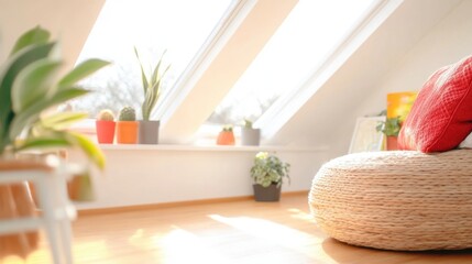 Sunlight streams through large windows highlighting a cozy seating area with vibrant cushions and potted plants in a warm space