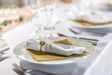 A wedding table covered with a white tablecloth, decorated with flowers, candles, glasses and cutlery