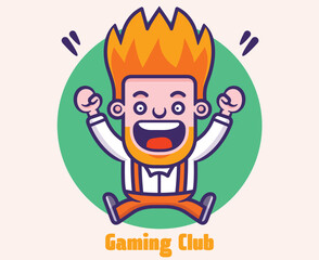 An excited cartoon character jumps for joy, representing a vibrant gaming club.