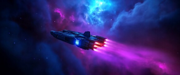 Futuristic Spaceship Soaring Through a Vibrant Nebula Exploration Concept
