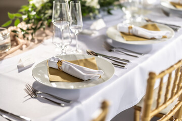 A wedding table covered with a white tablecloth, decorated with flowers, candles, glasses and cutlery