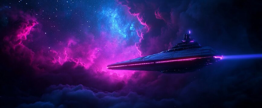 Futuristic starship soaring through vibrant nebulas and astral clouds