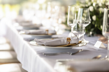 A wedding table covered with a white tablecloth, decorated with flowers, candles, glasses and cutlery