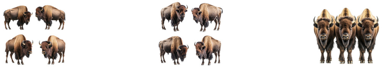 Fototapeta premium Bison herd arrangement, wildlife multiple specimens, cut out transparent