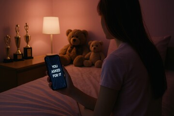 Cyberbullying threatening message "You Asked For It" on cracked smartphone held by teen girl at night