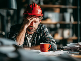 construction worker in red hard hat looks stressed while sitting at cluttered desk with paperwork and coffee cup. atmosphere conveys sense of overwhelm and fatigue
