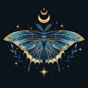 Mystic blue moth vector illustration. Magic moon, occult, print, poster.