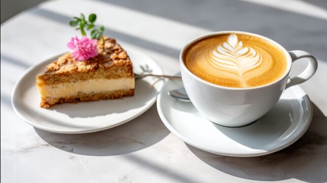 Warm sunlight illuminates a beautifully crafted latte with floral foam art beside a slice of cake on a marble table, creating a cozy cafe atmosphere