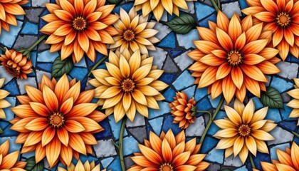 Vibrant floral mosaic art indoor gallery decorative artwork colorful environment close-up view creativity unleashed