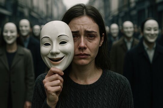 Sad woman holding smiling mask, metaphor for hidden emotions and depression