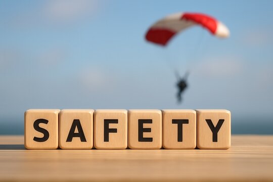 Safety concept with wooden cubes and parachutist landing safely