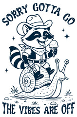 Raccoon sits on a snail eating ice cream. Animals Artwork. Cartoon Funny.