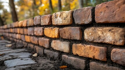 A close-up view displays a weathered brick wall with an artistic perspective outdoors.