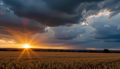Obraz premium Dramatic sunset over wheat field rural landscape nature photography tranquil environment wide-angle view