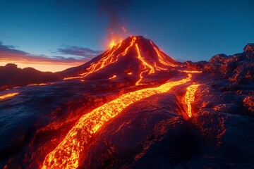 Fototapeta premium A beautiful volcano erupts at night, with red lava flowing down the mountain and orange light illuminating it from above. The sky is a clear blue, creating an epic scene of beauty and power. Captured 
