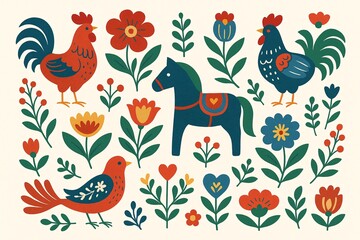 A colorful Scandinavian folk art pattern featuring stylized roosters, a horse, and birds surrounded by vibrant floral and leaf motifs. The bold, flat colors and symmetrical layout