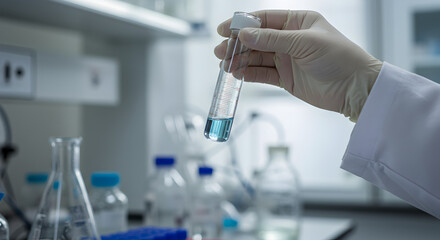 Fototapeta premium Gloved Hand Holding Test Tube with Clear Liquid and Red Specks in a Sterile Laboratory