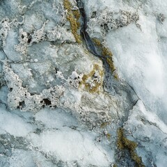 Fototapeta premium Close-up of a weathered rock formation with white and green moss. surrounded by water. creating a natural coastal scene ideal for nature photography