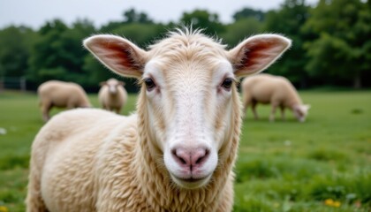 Sheep grazing in a lush meadow farm environment wildlife photography nature scene close-up view