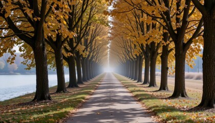 Fototapeta premium Autumn walk through a tranquil tree-lined path nature landscape serene environment perspective view