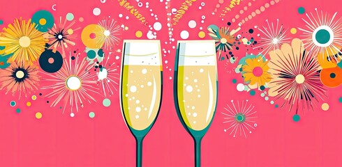 Two sparkling champagne glasses clink together in celebration against a vibrant pink background adorned with colorful flowers and confetti. creating a festive atmosphere