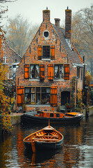Fototapeta premium An old brick house on a canal with boats, captured in the warm hues of an autumn day.